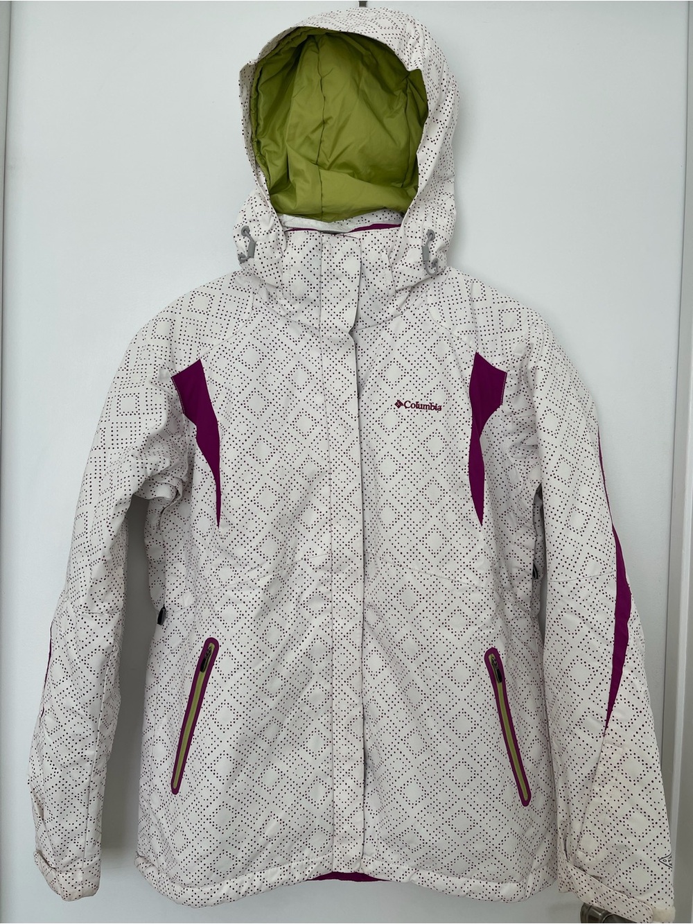 Columbia Women’s Ski jacket white purple diamond dot print hooded Size L